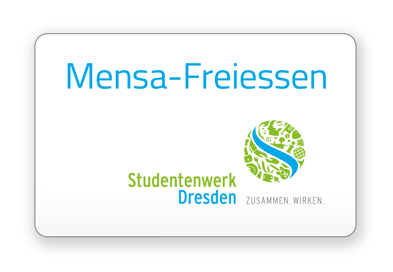 Front side of the free meal card with lettering „Mensa-Freiessen“ and the Studentenwerk logo