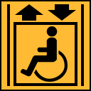 Gelbes Aufzug-Symbol als Markierung für bedingt (mit Hilfe) barrierefreien Aufzug