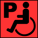Rotes Parkplatz-Symbol als Markierung für nicht barrierefreien Parkplatz