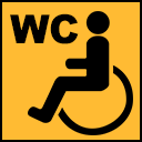 Gelbes WC-Symbol als Markierung für bedingt (mit Hilfe) barrierefreies WC