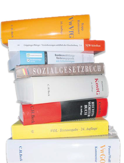 Ein Stapel dicker Bücher mit verschiedenen Aufschriften. Die Bücherrücken lassen erkennen, dass es sich bei den Büchern um Gesetzesabdrucke hält.