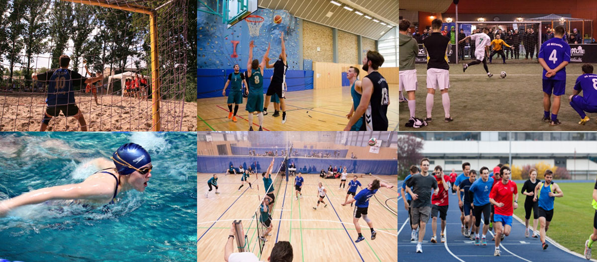 Eine Collage aus verschiedenen Sportarten, darunter Fußball draußen und in der Halle, Volleyball, Basketball und Schwimmen.