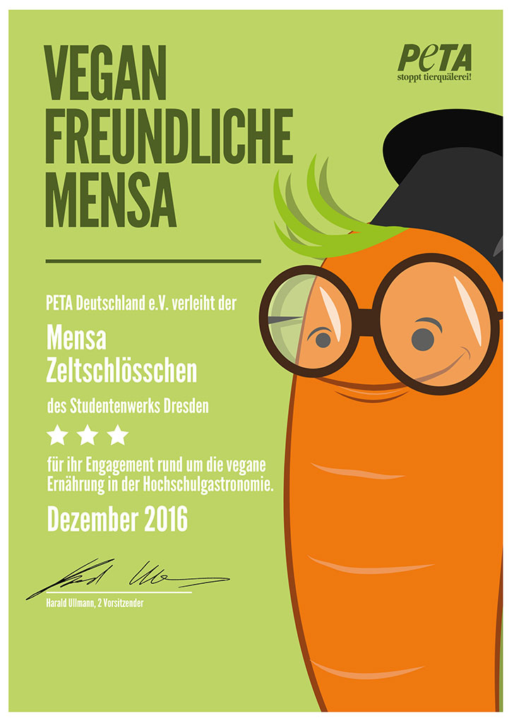 Urkunde zur Auszeichnung „Vegan-freundliche Mensa“ von PETA Detuschland e.V. Abgebildet ist die Illustration einer Karotte mit Brille und Hut, die lächelt.