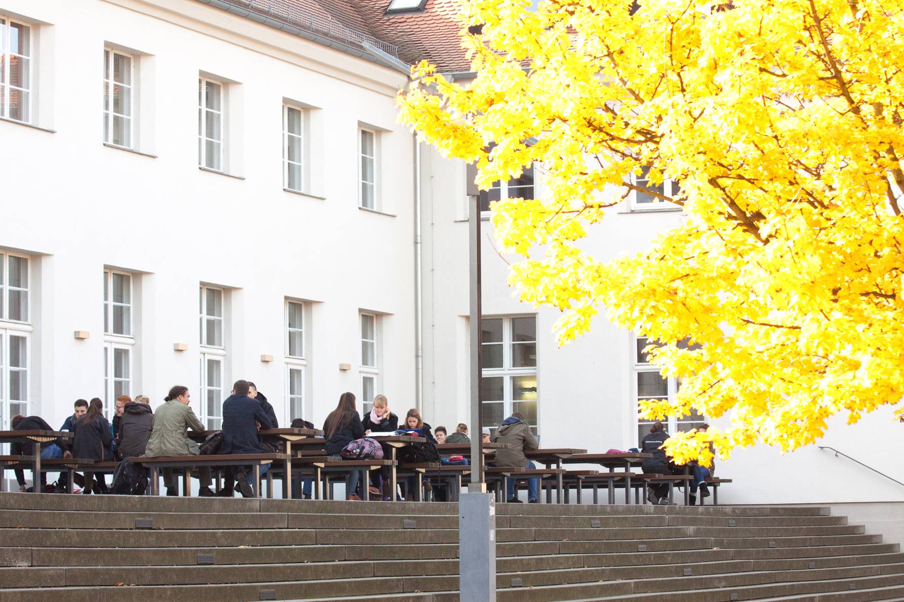 Terrasse der Alten Mensa Mommsenstraße mit Bänken und Tischen auf denen Studenten mit Jacken sitzen. Der Baum rechts im Bild hat schon herbstlich verfärbte Blätter.
