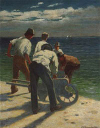 Gemälde: mehrere Männer Stehen an einem Strand. Einer der Männer hebt etwas aus einem Handkarren