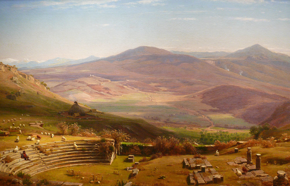 Gemälde: Blick auf Ruinen eines Amphitheater mit Weitblick auf Landschaft dahinter
