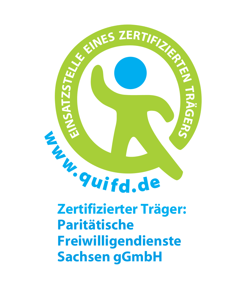 Grafik: Einsatzstelle eines zertifizierten Trägers www.quifd.de; Zertifizierter Träger: Paritätische Freiwilligendienste Sachsen gGmbH