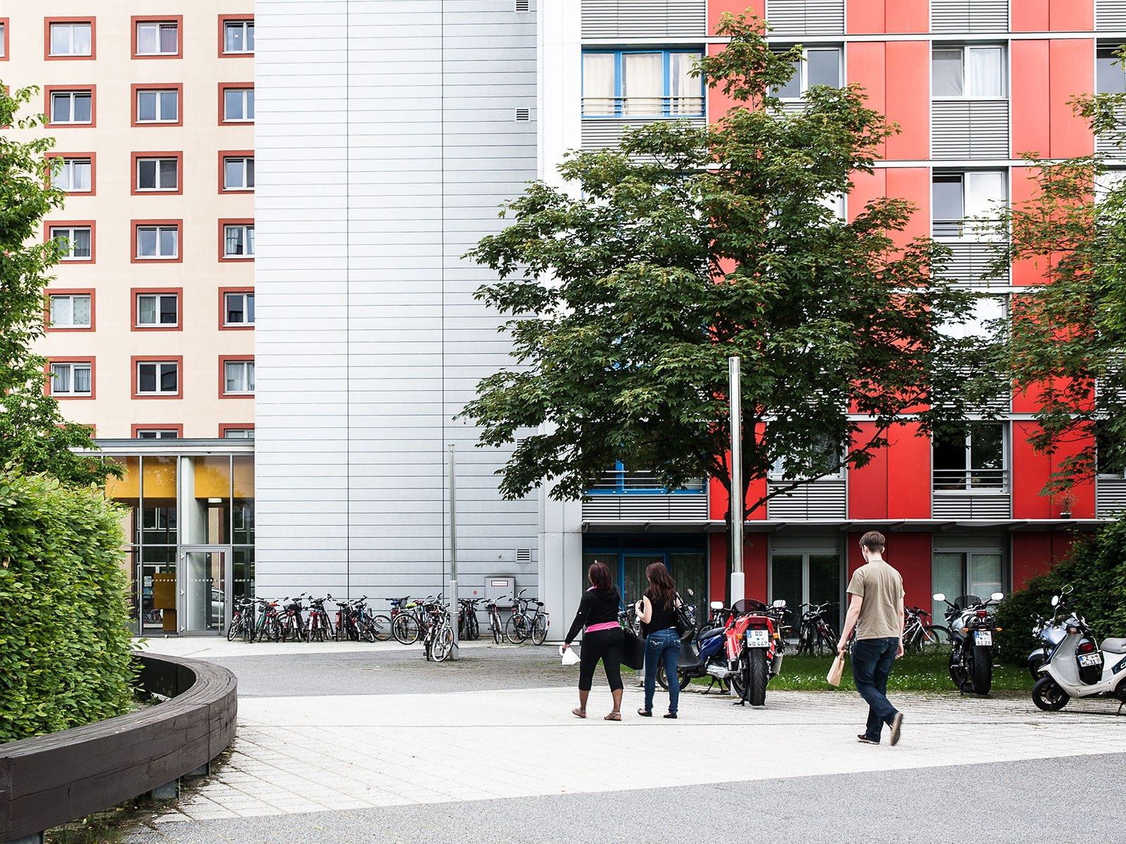 Einige Studenten laufen auf den Eingang des Wohnheims Wundtstraße 7 zu. Vor dem Wohnheim parken einige Mopeds und viele Fahrräder sind abgestellt. Ein dicht belaubter Baum ragt ins Bild hinein.